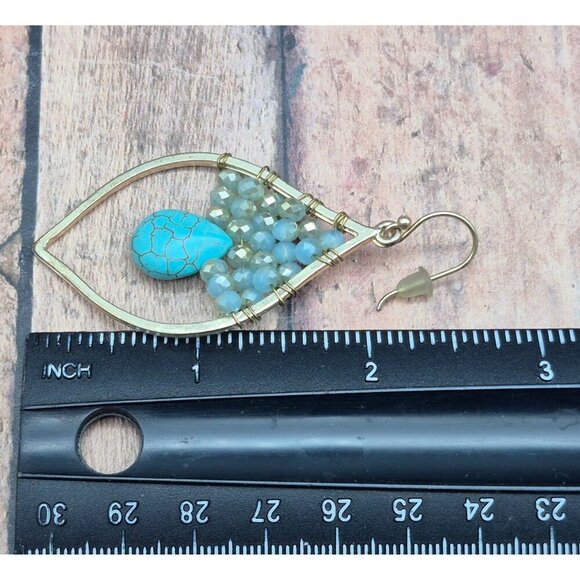 Gold Tone & Faux Turquoise Teardrop Earrings Hook Clasps Faceted Beads Statement - Picture 7 of 7